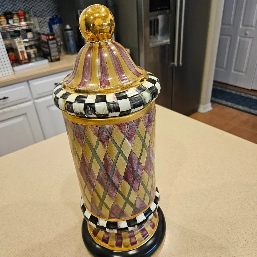 RARE MACKENZIE CHILDS ARGYLE PLAID AURORA CERAMIC COLUMN STORAGE CANISTER JAR